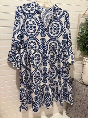 Blue and White Printed Tiered Tunic Dress